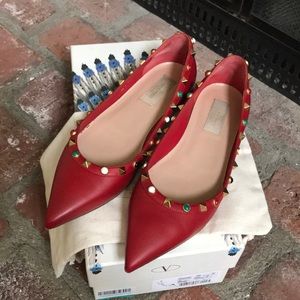 Valentino Red Ballerina Flats Gold and Gem Studs